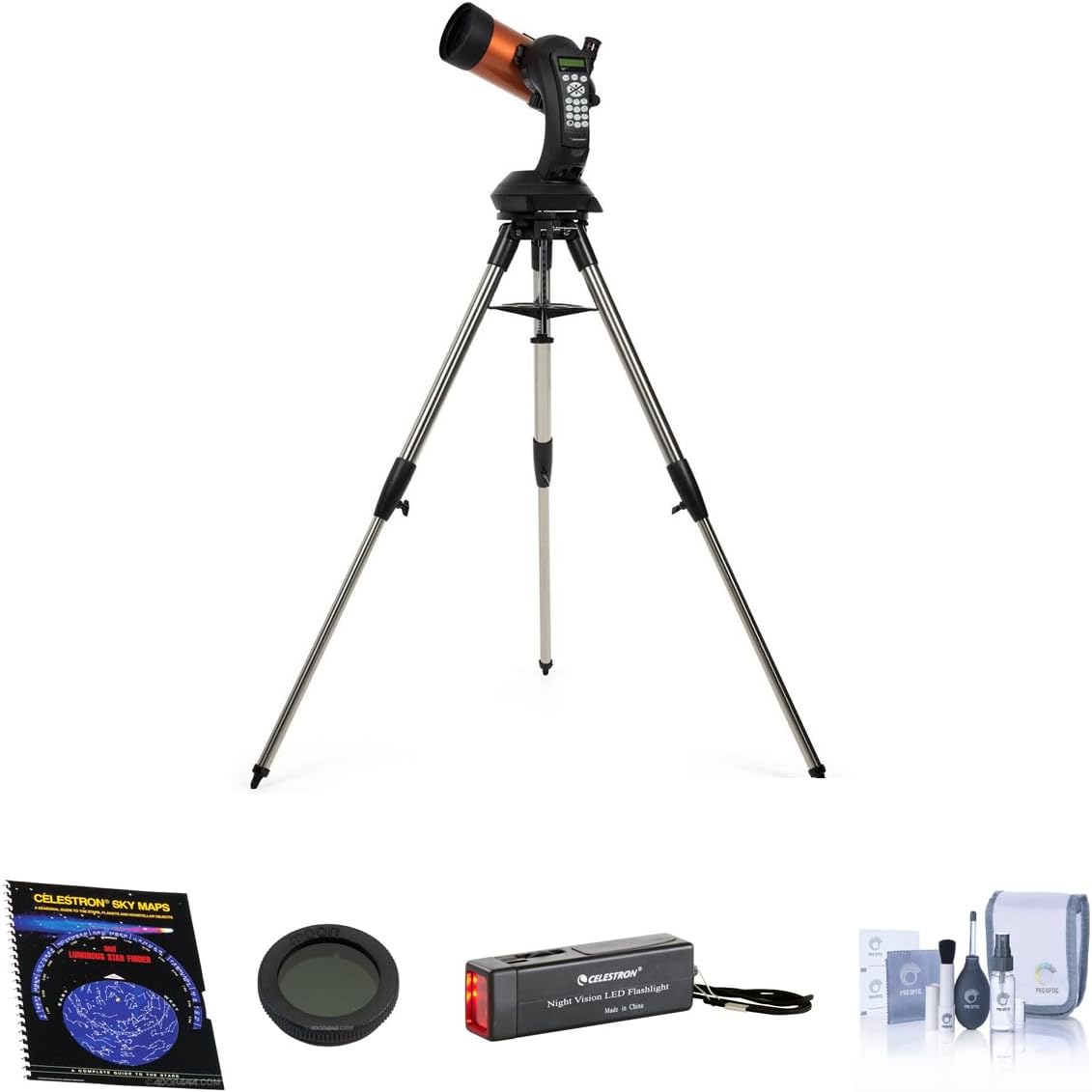 Celestron NexStar 4 SE Maksutov-Cassegrain Computerized Telescope, Bundle with Night Vision Flash Light, Sky Maps Book, 1.25" Moon Filter, Cleaning Kit