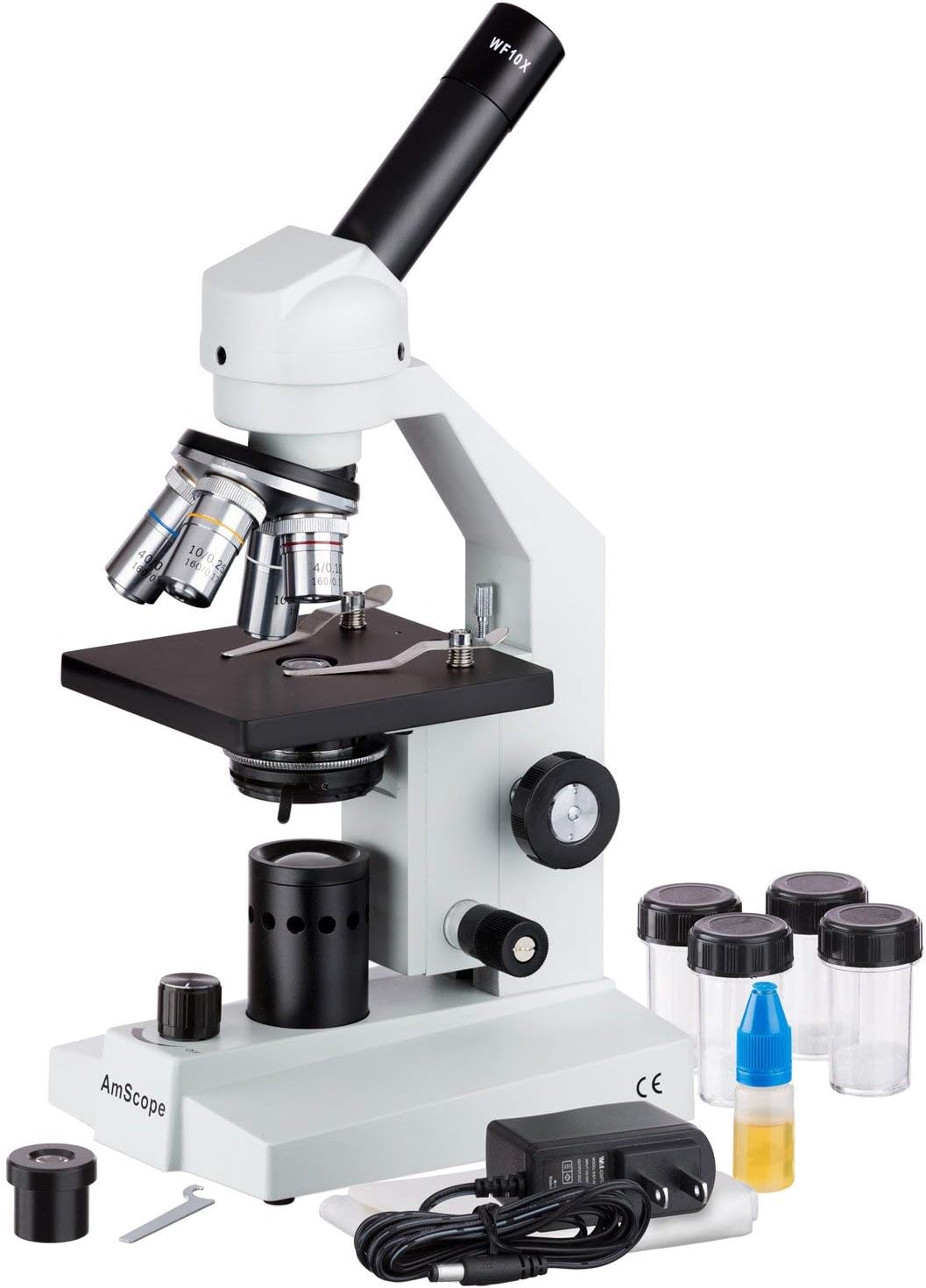 AmScope M500C-LED Cordless Monocular Compound Microscope, WF10x and WF25x Eyepieces, 40x-2500x Magnification, LED Illumination, Brightfield, Abbe Condenser, Coarse and Fine Focus, Plain Stage
