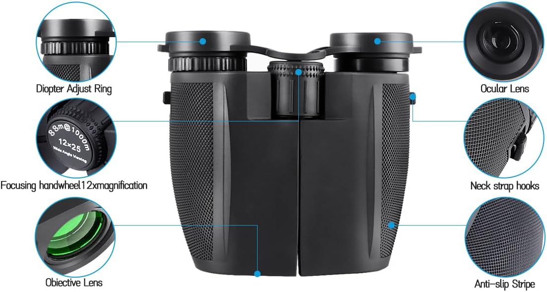12x25 Binoculars for Adults, Large View/Eyepiece Compact Binoculars with Low Light Vision, High Powered Easy Focus Binoculars for Bird Watching, Travel, Concert Theater