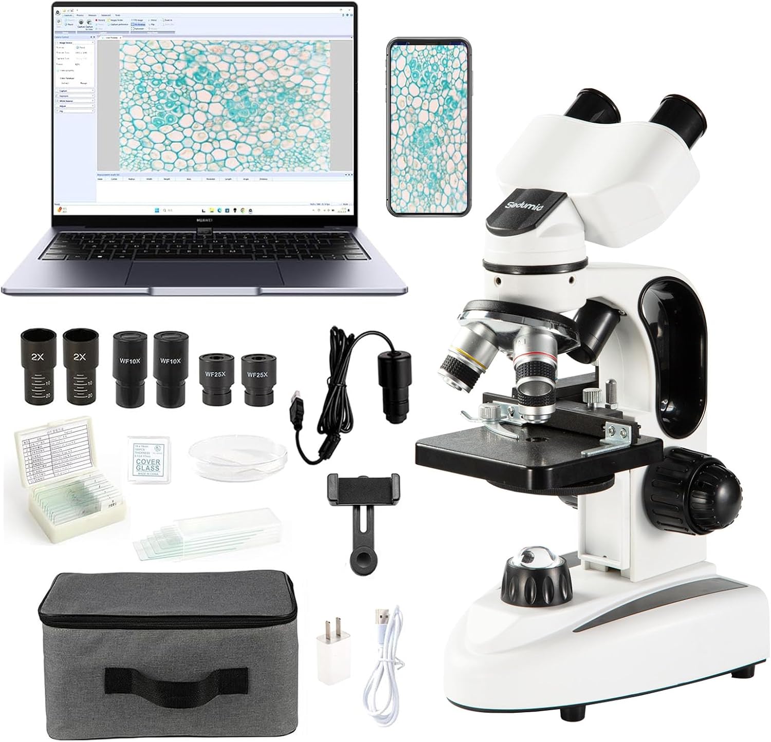 Binocular Biological Microscopes 40X-2000X Microscopes for Kids Students Adults, with 2mp Camera Microscope Slides Set, Phone Adapter