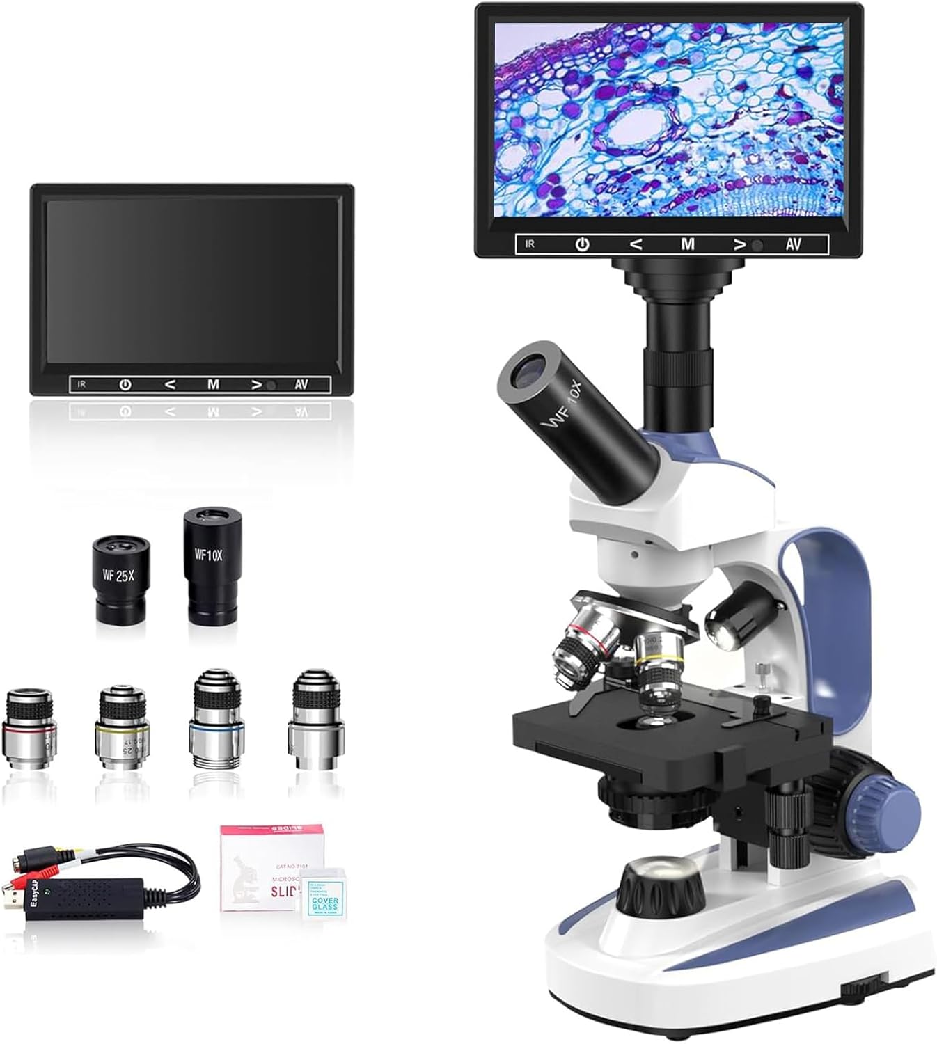 Lab Monocular Compound Microscope with 40X-2500X, Dual-View Microscope for Adults with 7’’ LCD Screen, Wide-Field 10X/ 25X Eyepieces, Dual Illumination, Built-in 5MP Camera for Lab School Farm(Blue