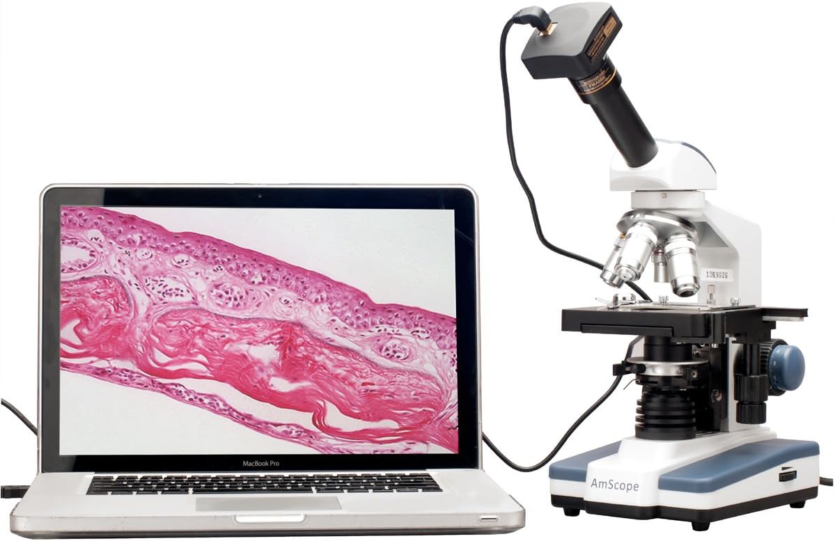 AmScope M620B-10M Digital Compound Monocular Microscope, WF10x and WF20x Eyepieces, 40x-2000x Magnification, Brightfield, LED Illumination, Abbe Condenser, Mechanical Stage, 110V, Includes 10MP Camera with Reduction Lens and Software