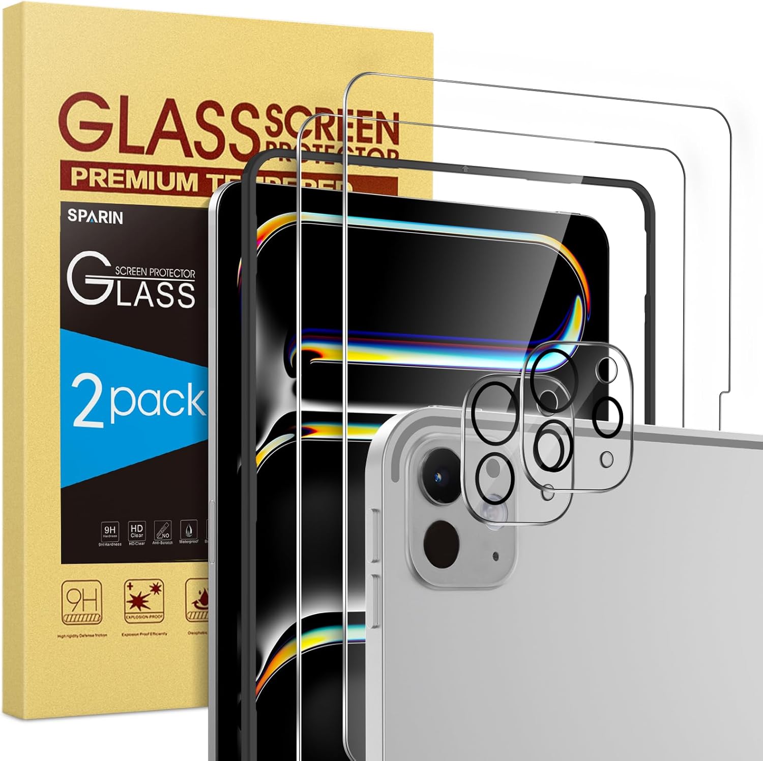 SPARIN 2+2 Pack Screen Protector for iPad Pro 13 inch 2024 (7th generation-M4) with Camera Lens Protector, Tempered Glass with Installation Frame Case & Apple Pencil Pro Compatible, Anti Scratch