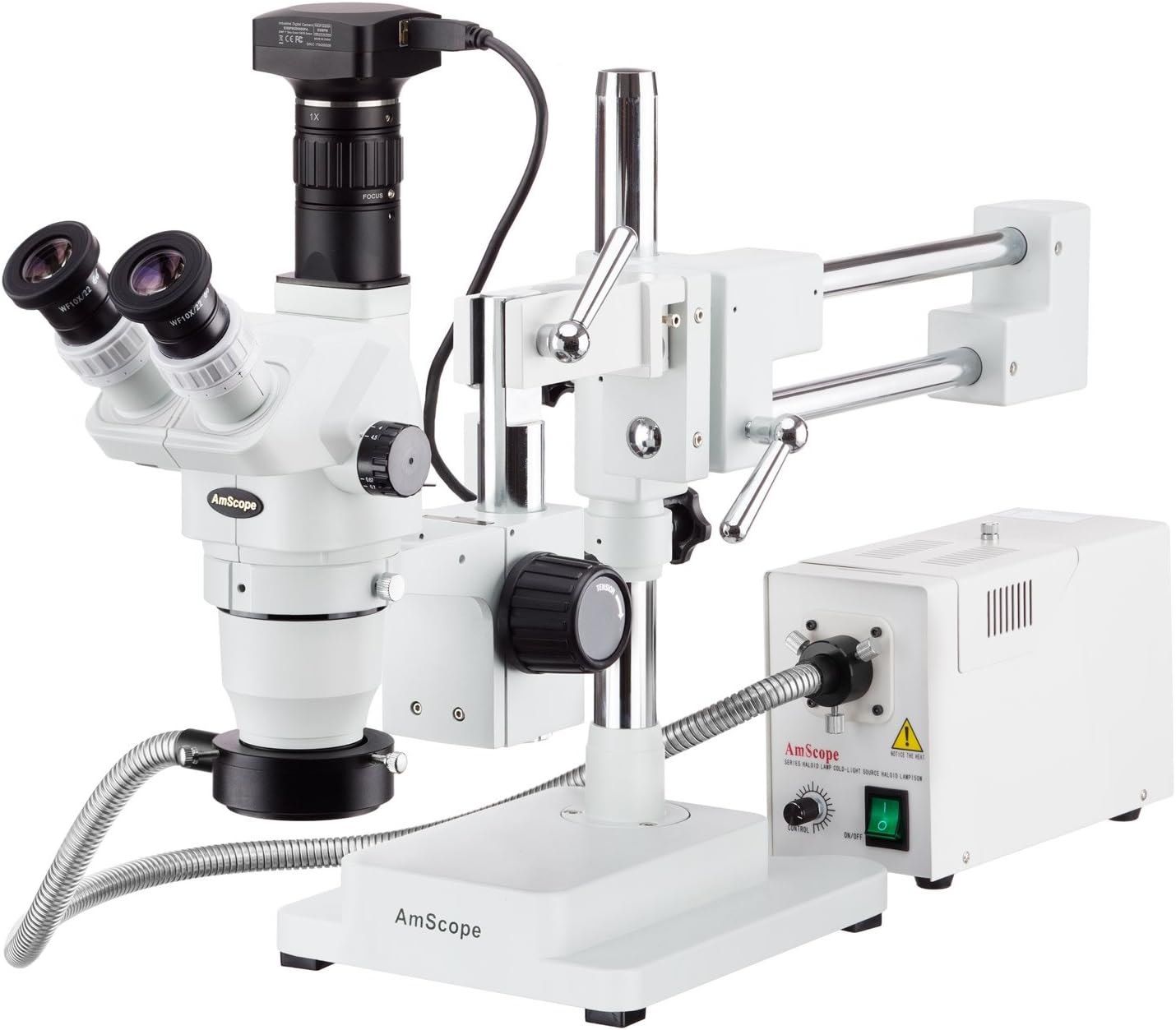 AmScope 2x-225x Trinocular Boom Stand Stereo Zoom Microscope + High-Speed 20MP Camera