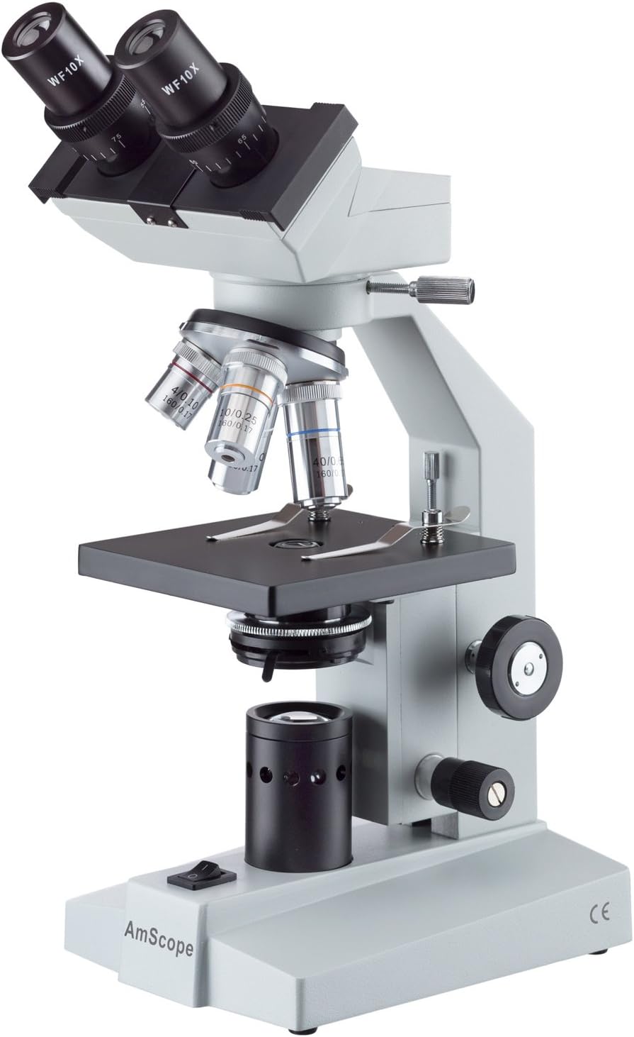 AmScope B100B Compound Binocular Microscope, 40X-2000X Magnification, Brightfield, Tungsten Illumination, Abbe Condenser, Plain Stage
