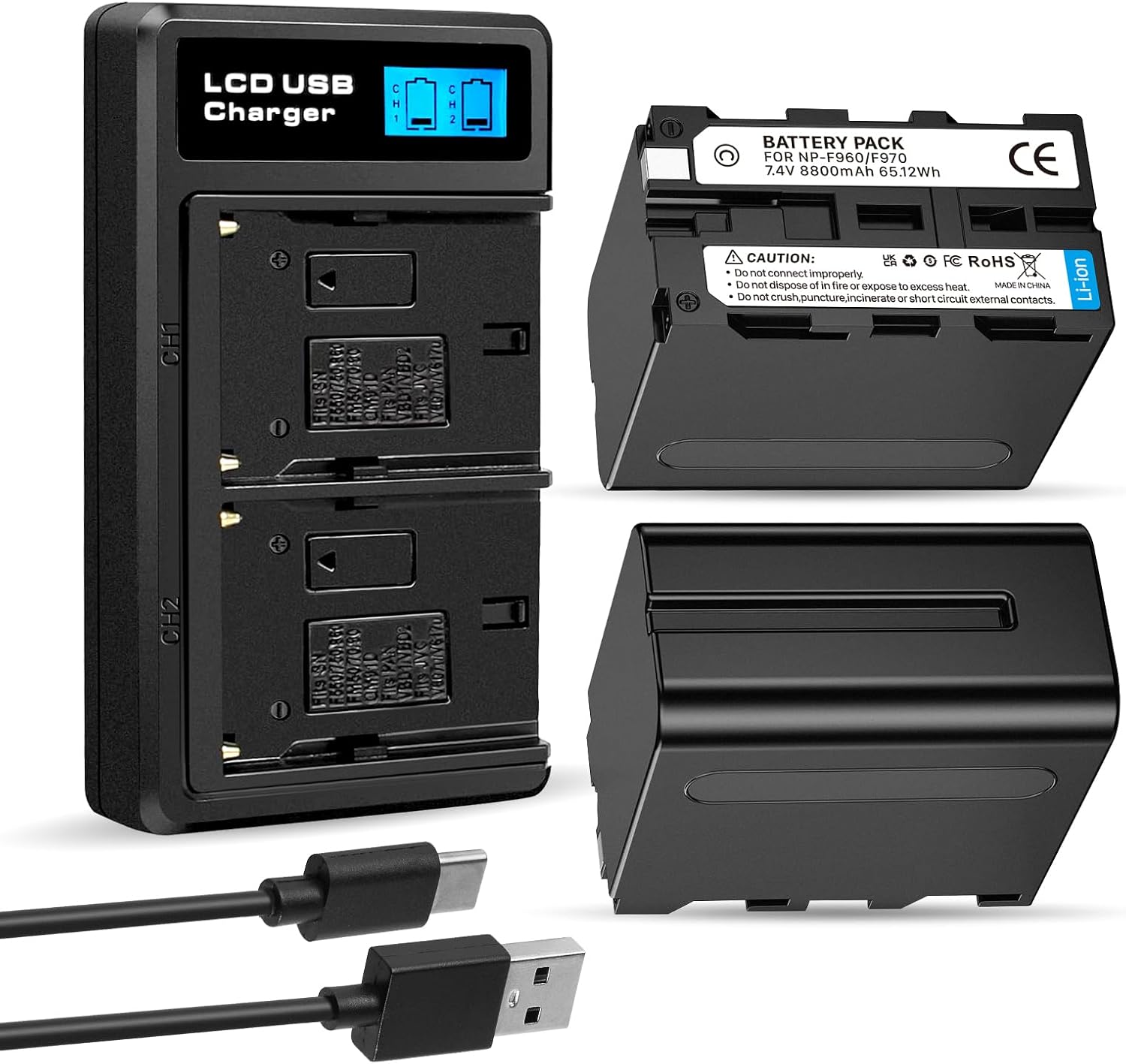 2 Pack 8800mAh Replacement Battery for Sony NP-F970 and USB Charger for Sony NP-F960 NP-F950 NP-F930 NP-F550 NP-F570 NP-F750 Batteries, for Sony Handycams, Field Monitor, Video Light