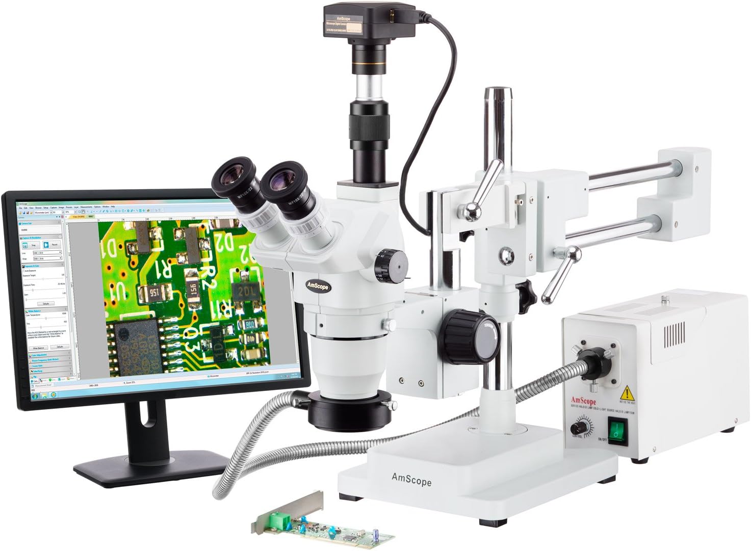 AmScope 2x-225x Trinocular Boom Stand Stereo Zoom Microscope + 18MP Camera